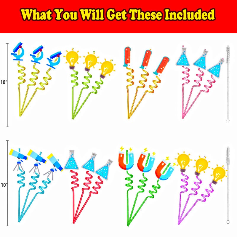 Meaxur 24pcs Science Theme Shaped Straws Reusable Plastic  Drink Cocktail Straws with Cartoon Decorations Kids Mad Scientist Party Supplies Birthday Party Favors - Image 2