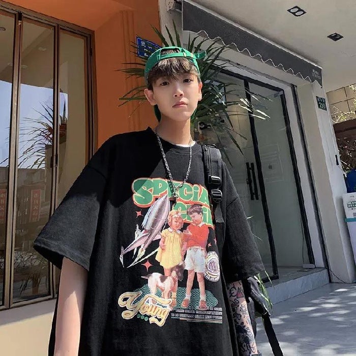 100% Cotton Men'S Short Sleeve T-Shirt New American Retro Oversize Loose High Street Handsome Half Sleeve Body - Image 1