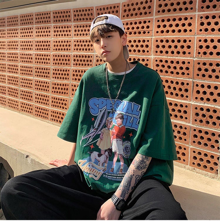 100% Cotton Men'S Short Sleeve T-Shirt New American Retro Oversize Loose High Street Handsome Half Sleeve Body - Image 2