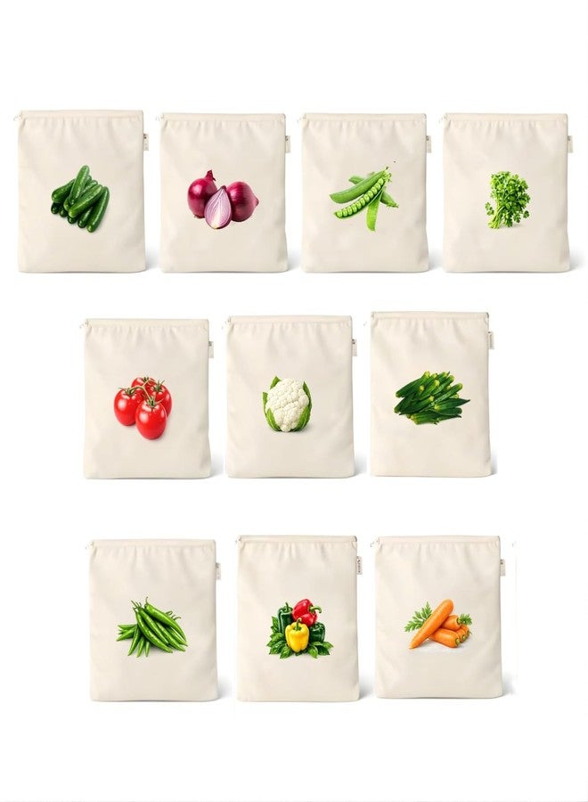 azyeea 100% Cotton Reusable Vegetable Bags for Fridge | Eco-Friendly Storage Bags for Kitchen Organizer | 10 Pcs | Washable Breathable Zipper Cloth Bags for Vegetables - Image 1