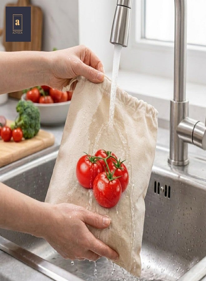 azyeea 100% Cotton Reusable Vegetable Bags for Fridge | Eco-Friendly Storage Bags for Kitchen Organizer | 10 Pcs | Washable Breathable Zipper Cloth Bags for Vegetables - Image 5