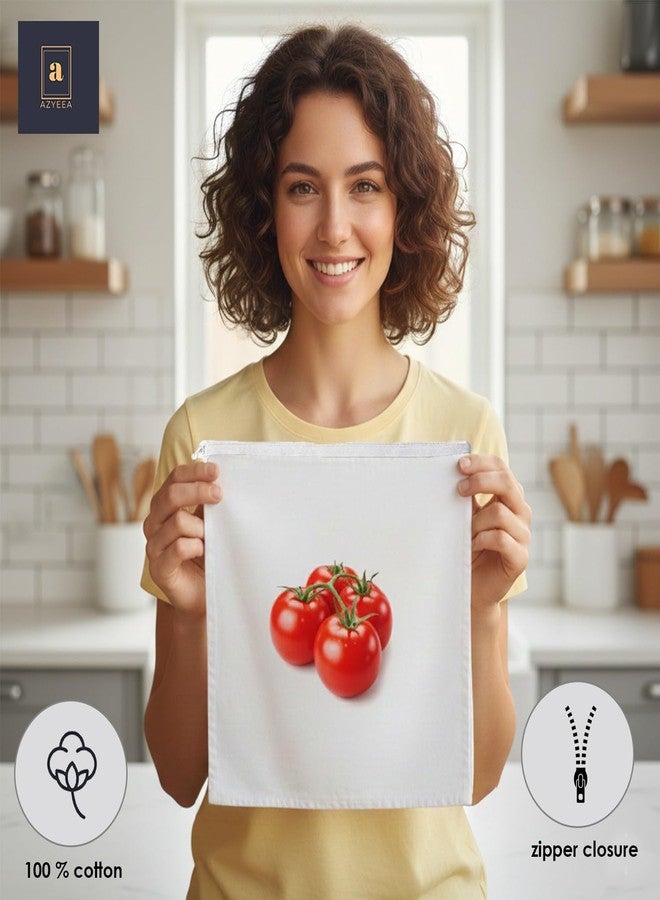 azyeea 100% Cotton Reusable Vegetable Bags for Fridge | Eco-Friendly Storage Bags for Kitchen Organizer | 10 Pcs | Washable Breathable Zipper Cloth Bags for Vegetables - Image 2