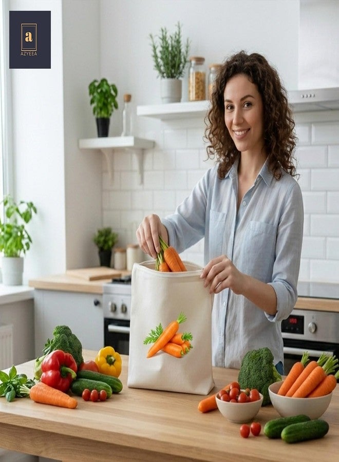 azyeea 100% Cotton Reusable Vegetable Bags for Fridge | Eco-Friendly Storage Bags for Kitchen Organizer | 10 Pcs | Washable Breathable Zipper Cloth Bags for Vegetables - Image 4