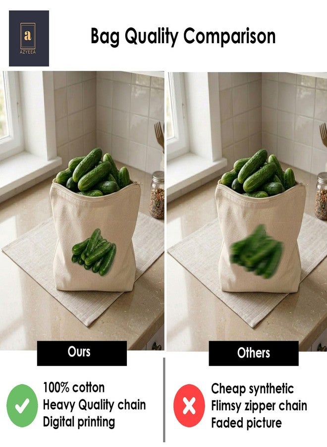 azyeea 100% Cotton Reusable Vegetable Bags for Fridge | Eco-Friendly Storage Bags for Kitchen Organizer | 10 Pcs | Washable Breathable Zipper Cloth Bags for Vegetables - Image 3