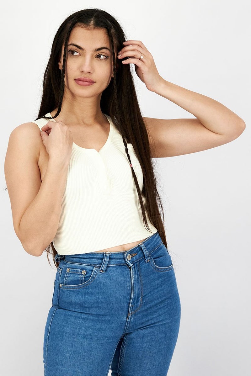 JOHN RICHMOND Women Split Neck Sleeveless Ribbed Tops, Off White - Image 1