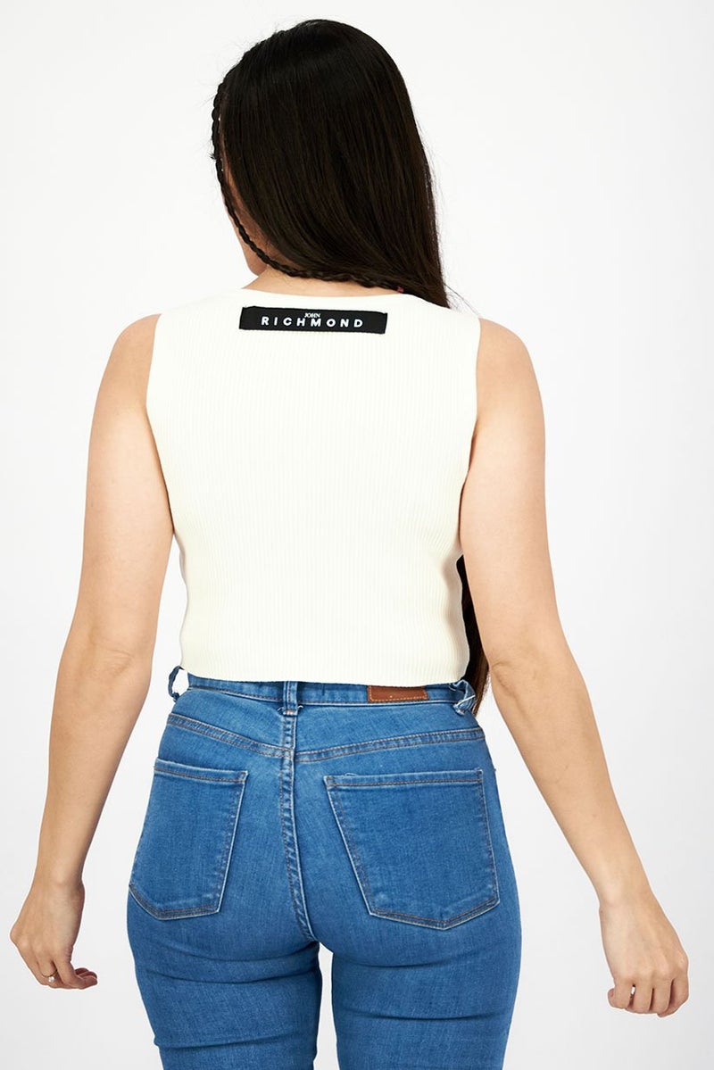 JOHN RICHMOND Women Split Neck Sleeveless Ribbed Tops, Off White - Image 3