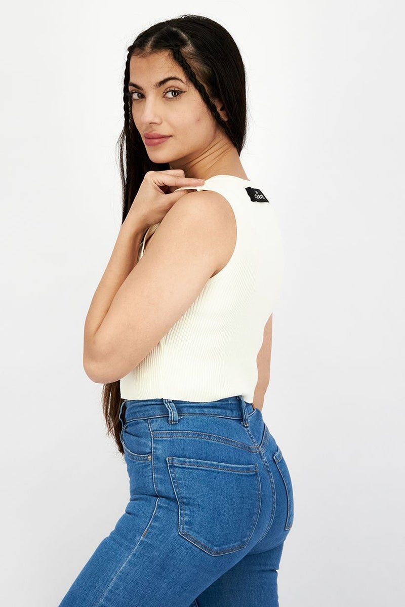 JOHN RICHMOND Women Split Neck Sleeveless Ribbed Tops, Off White - Image 2