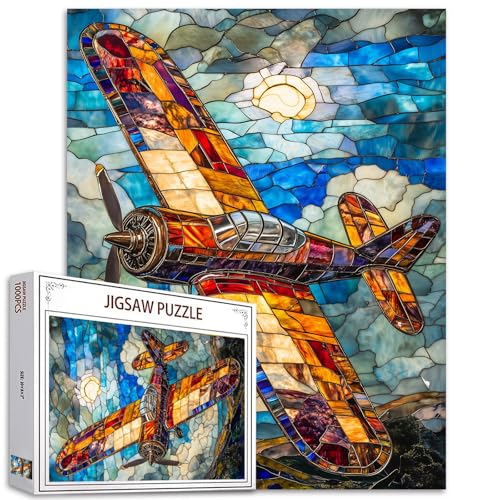 Tucocoo Stained Glass Airplane 1000 Piece Jigsaw Puzzle 1000 Pieces Fighter Plane Puzzles for Adults Teens Aircraft Puzzles Fighter Aircraft Retro Puzzle - Image 1