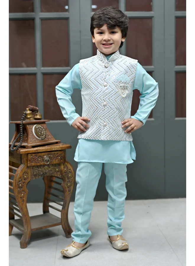 BT DEZINES Boys Ice Blue Kurta Pyjama Waistcoat Set