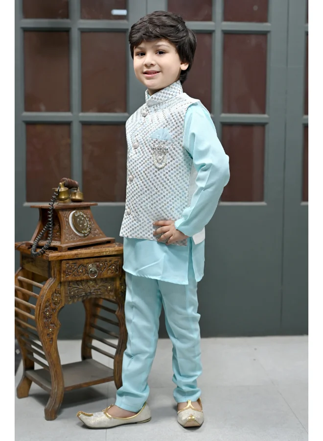BT DEZINES Boys Ice Blue Kurta Pyjama Waistcoat Set