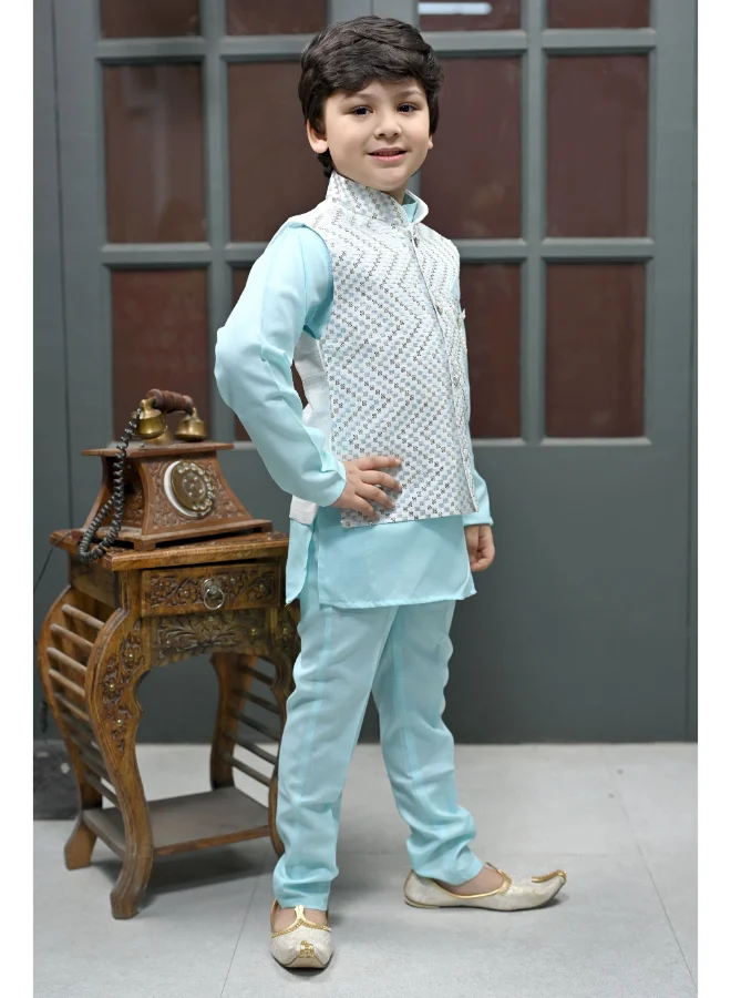 BT DEZINES Boys Ice Blue Kurta Pyjama Waistcoat Set
