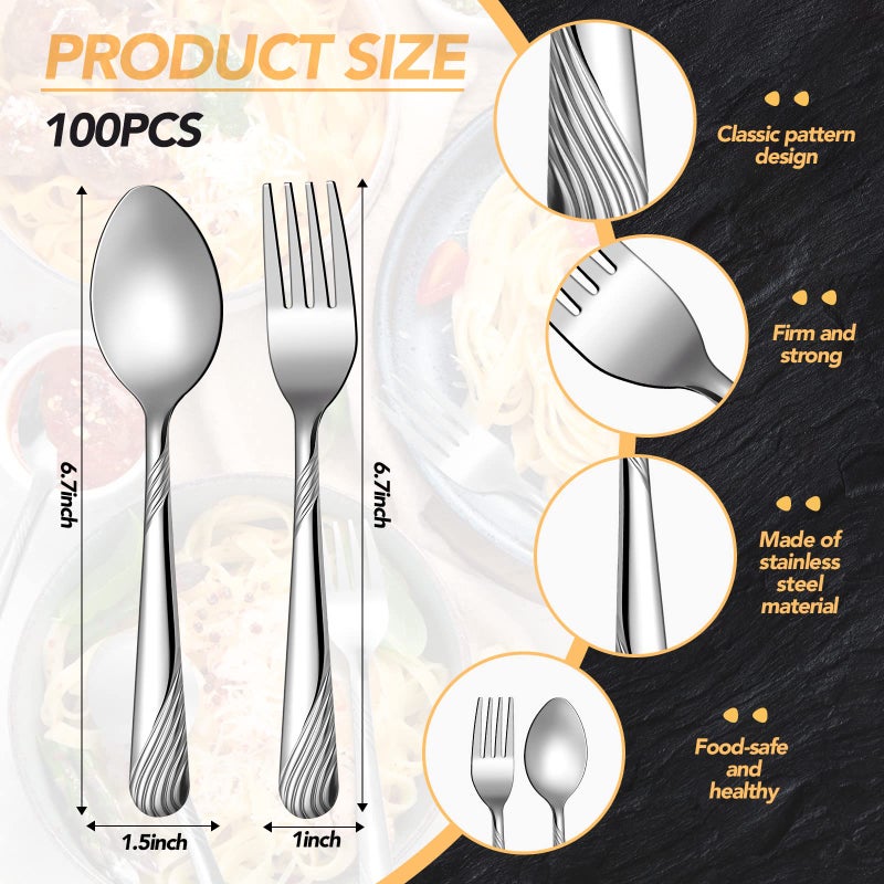 Eaasty 200 Pcs Forks And Spoons Silverware Set Dinner Forks And Spoons Heavy Duty Stainless Steel Flatware Cutlery Metal Included 100 6.7 Inch Forks And 100 6.7 Inch Spoons  Mirror Polished  Dishwasher Safe - Image 2