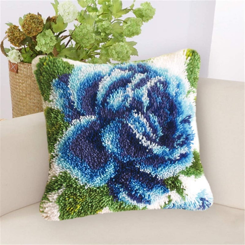 LAPATAIN Latch Hook Kits for DIY Throw Pillow Cover,Needlework Cushion Cover Hand Craft Crochet for Great Family 17X17inch Flower(Blue LA12) - Image 1