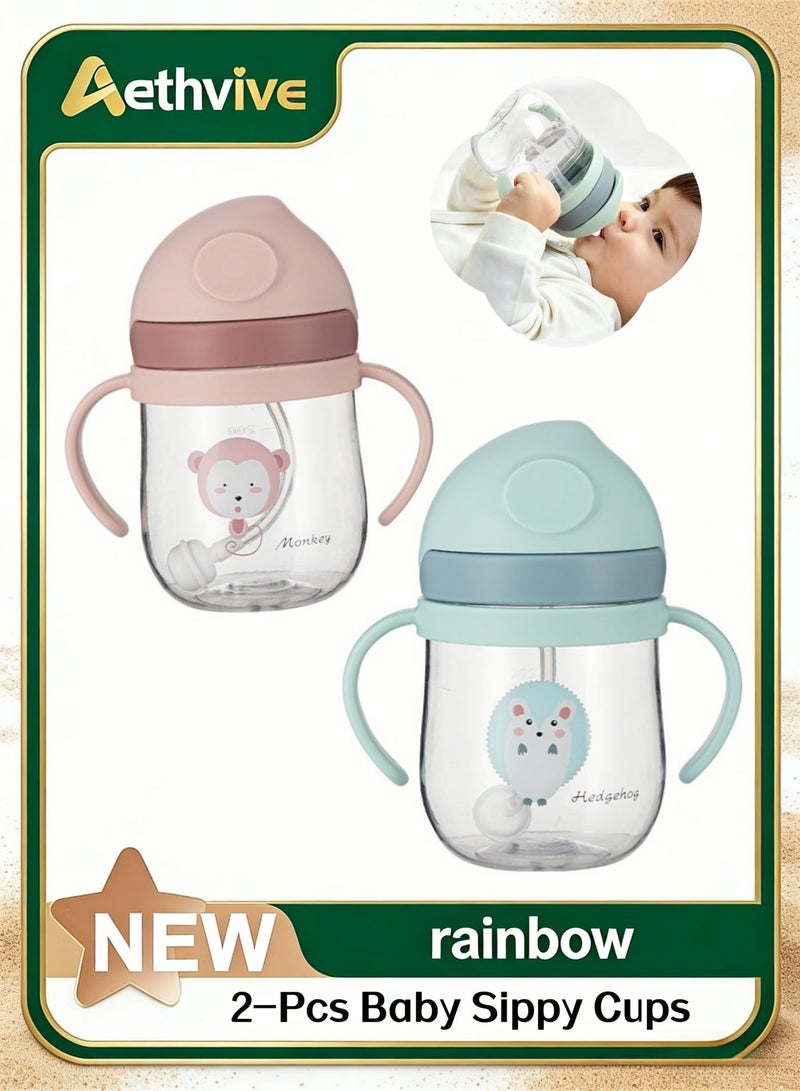 Aethvive 2-Pcs Baby Sippy Cups For 6 Months +, 250ml Baby Cup with Weighted Straw and Easy Grip Handles, Kids Water Bottle with Simple Flip Lid, 360 Degree Spill Proof Toddler Cup - Image 1