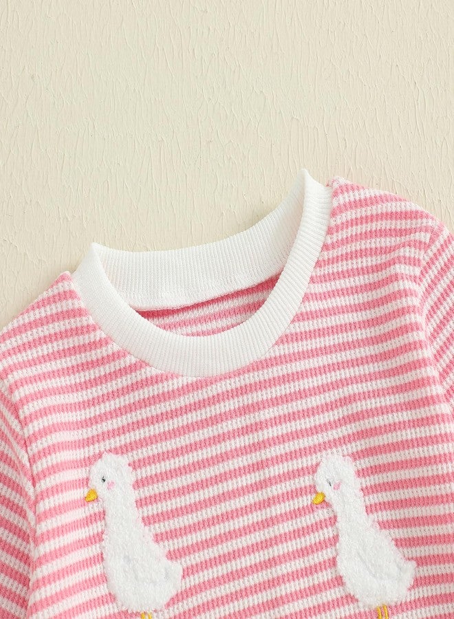طقم ملابس للرضع حديثي الولادة من شوينغ، يتضمن رومبير مخطط بأكمام طويلة مطرز بنقشة الإوزة، مصنوع من نسيج الوافل المحبوك، مناسب لفصلي الخريف والشتاء (وردي، من 3 إلى 6 أشهر). - Image 4