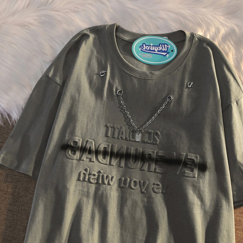 Oversize High Street Three-Dimensional Letter Necklace Short Sleeve T-Shirt Men'S Summer Loose Hong Kong Style Ins Fashion Brand Half Sleeve - Image 1