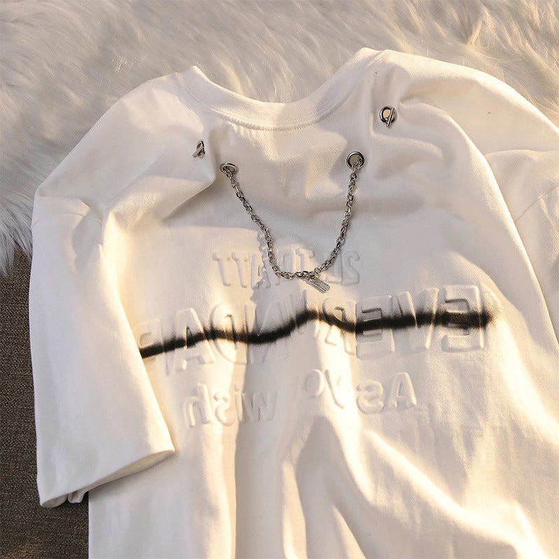 Oversize High Street Three-Dimensional Letter Necklace Short Sleeve T-Shirt Men'S Summer Loose Hong Kong Style Ins Fashion Brand Half Sleeve - Image 2