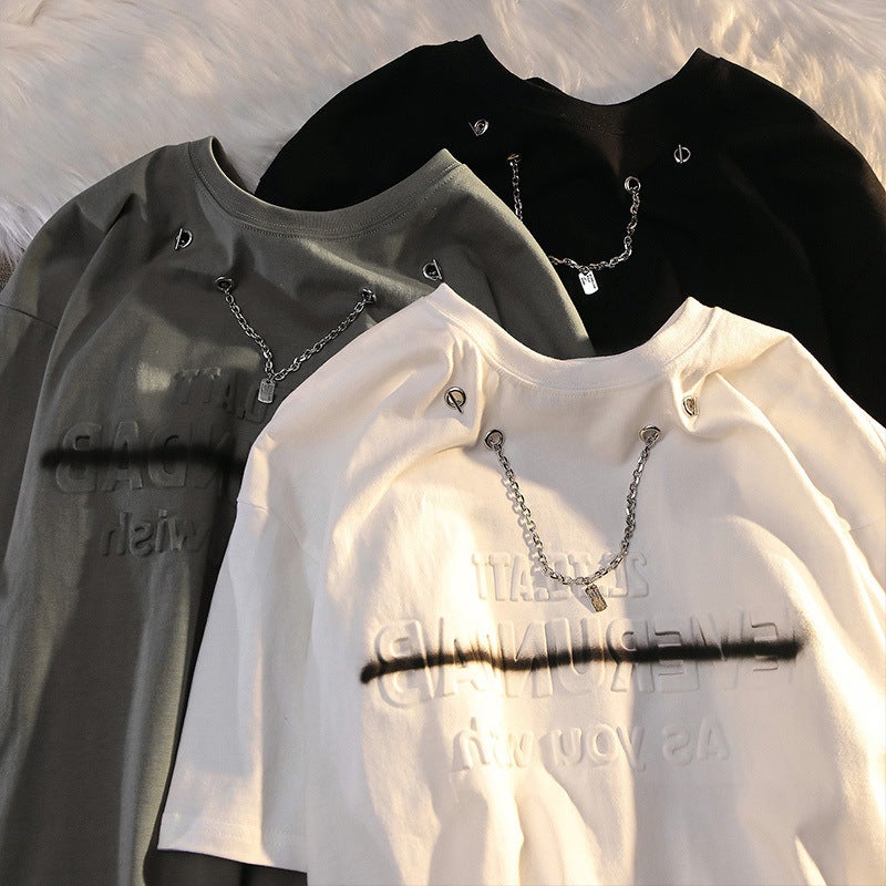 Oversize High Street Three-Dimensional Letter Necklace Short Sleeve T-Shirt Men'S Summer Loose Hong Kong Style Ins Fashion Brand Half Sleeve - Image 4