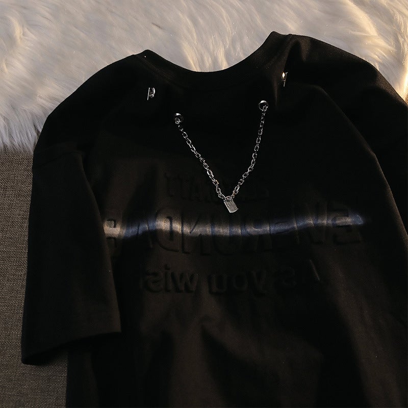 Oversize High Street Three-Dimensional Letter Necklace Short Sleeve T-Shirt Men'S Summer Loose Hong Kong Style Ins Fashion Brand Half Sleeve - Image 3
