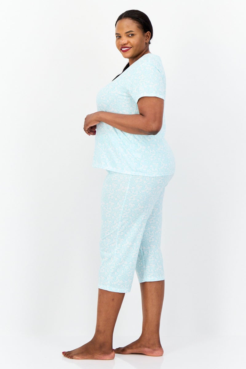 Celestial Dreams Women 2 Pieces Plus Size Floral Print Top And  Pajama Set, Turquoise - Image 2