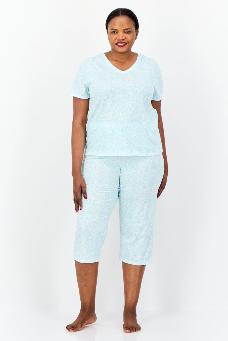 Celestial Dreams Women 2 Pieces Plus Size Floral Print Top And  Pajama Set, Turquoise - Image 1