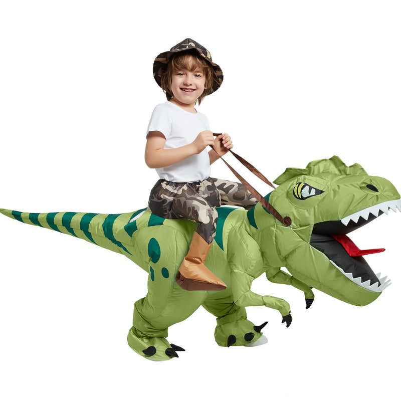 One Casa Inflatable Dinosaur Costume Riding T Rex Air Blow up Funny Fancy Dress Party Halloween Costume for Kids 4-6 Yrs - Image 1