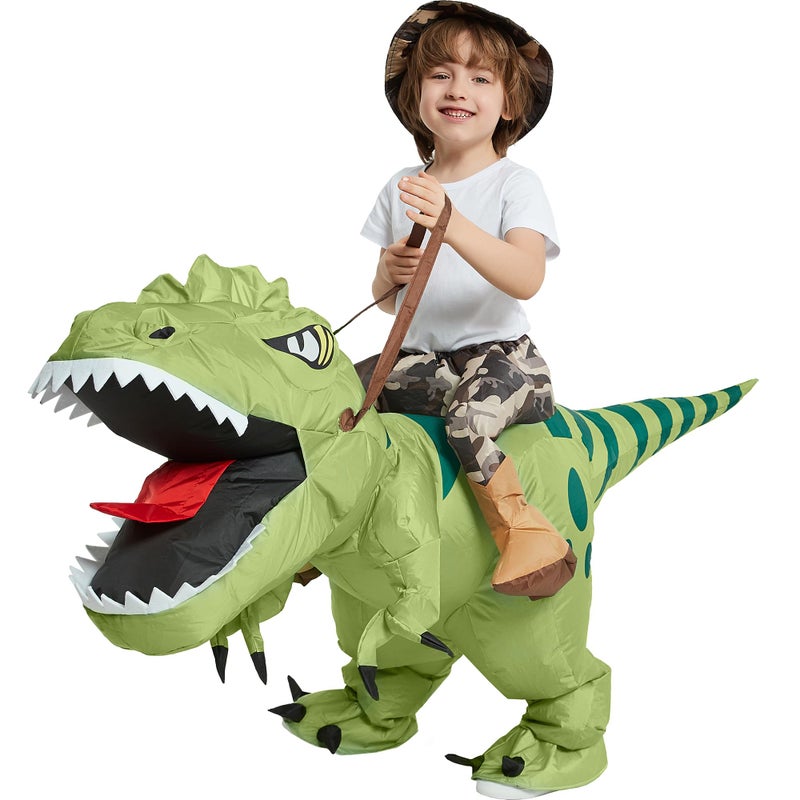 One Casa Inflatable Dinosaur Costume Riding T Rex Air Blow up Funny Fancy Dress Party Halloween Costume for Kids 4-6 Yrs - Image 3