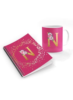 Stylizedd Printed Coffee Mug + A5 Spiral Notebook Memo Personalised Combo Gift Set Custom Monogram Initial Letter Floral Pattern Alphabet -  N (Pink Rose)  - Image 1