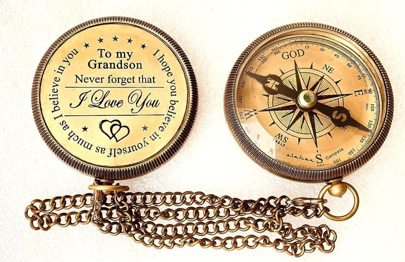 ALADEAN Gift for Grandson Brass Compass Engraved Quote | Memory Present to My Grandson Birthday, Baptism, Graduation, Confirmation, Love, Gift idea by Grandpa Grandma (#1 Grandson - I Love You) - Image 4