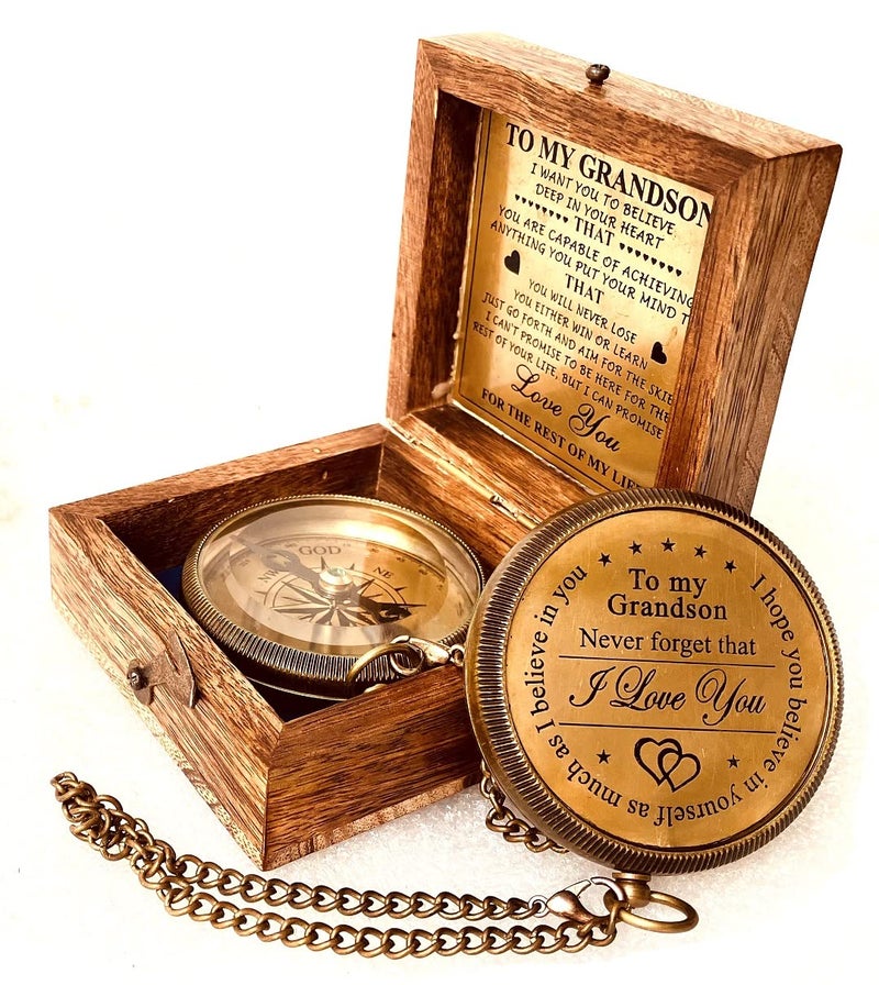 ALADEAN Gift for Grandson Brass Compass Engraved Quote | Memory Present to My Grandson Birthday, Baptism, Graduation, Confirmation, Love, Gift idea by Grandpa Grandma (#1 Grandson - I Love You) - Image 1