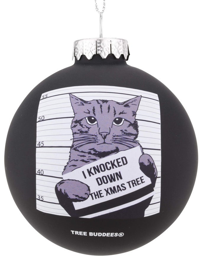 HILARIOUS CAT MUGSHOT KNOCKED DOWN THE XMAS TREE FUNNY GLASS CHRISTMAS ORNAMENT
