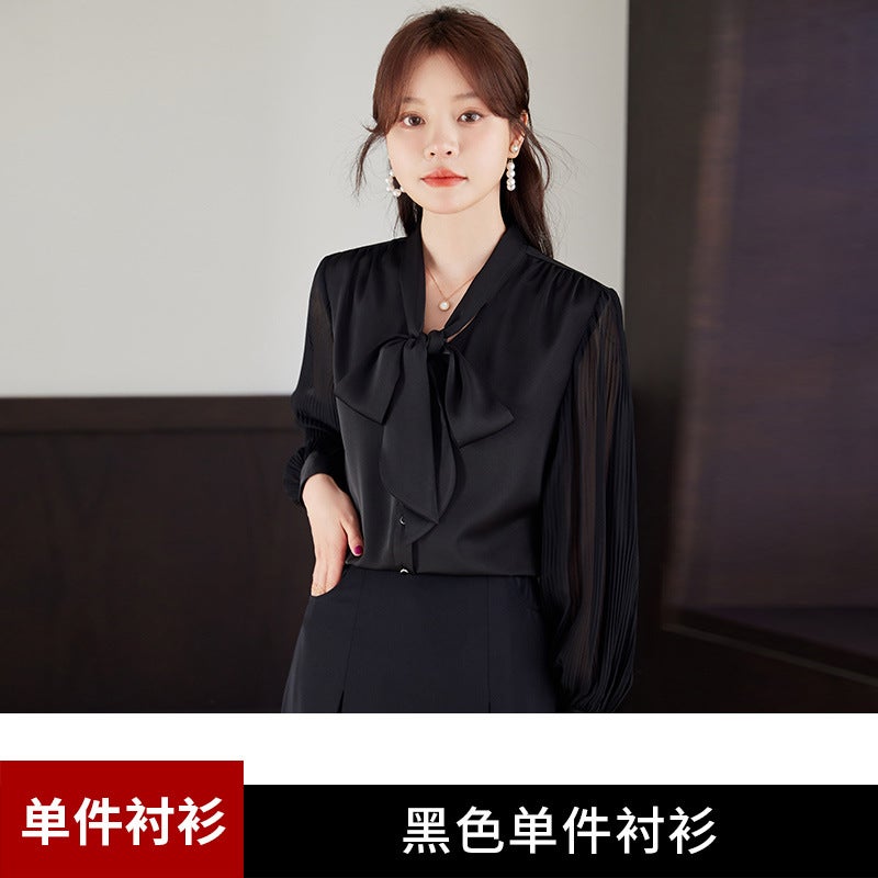 Bow professional white shirt womens 2024 spring new style floating long sleeve loose western style chiffon top Black one-piece shirt