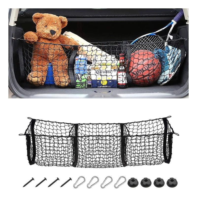 Hanemia Cargo Net for Car, Expandable 3 Pocket Heavy-Duty Cargo Net Organizer, Black Mesh Storage Pocket with 4 Metal Carabiners Universal for Car, SUV, Pickup Truck, Van Trunk Bed - Image 1