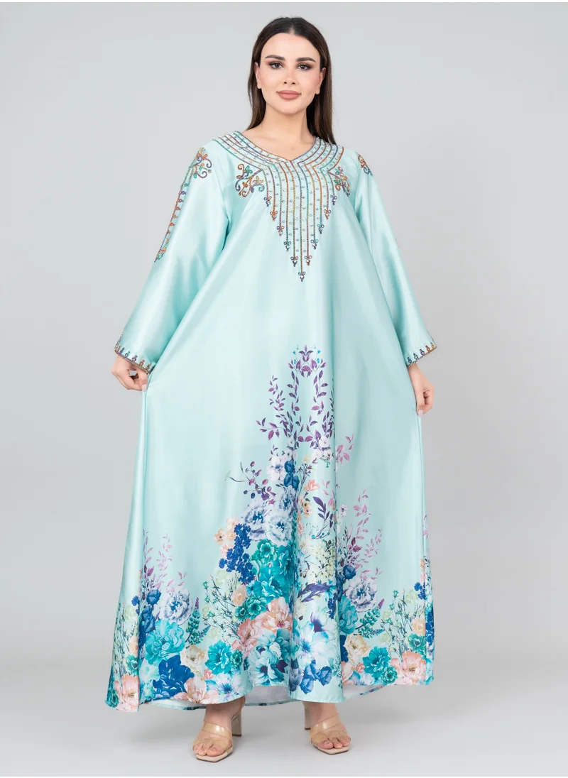 IKKXA Floral Printed Crystal Embroidery Jalabiya IK1015 Turquoise