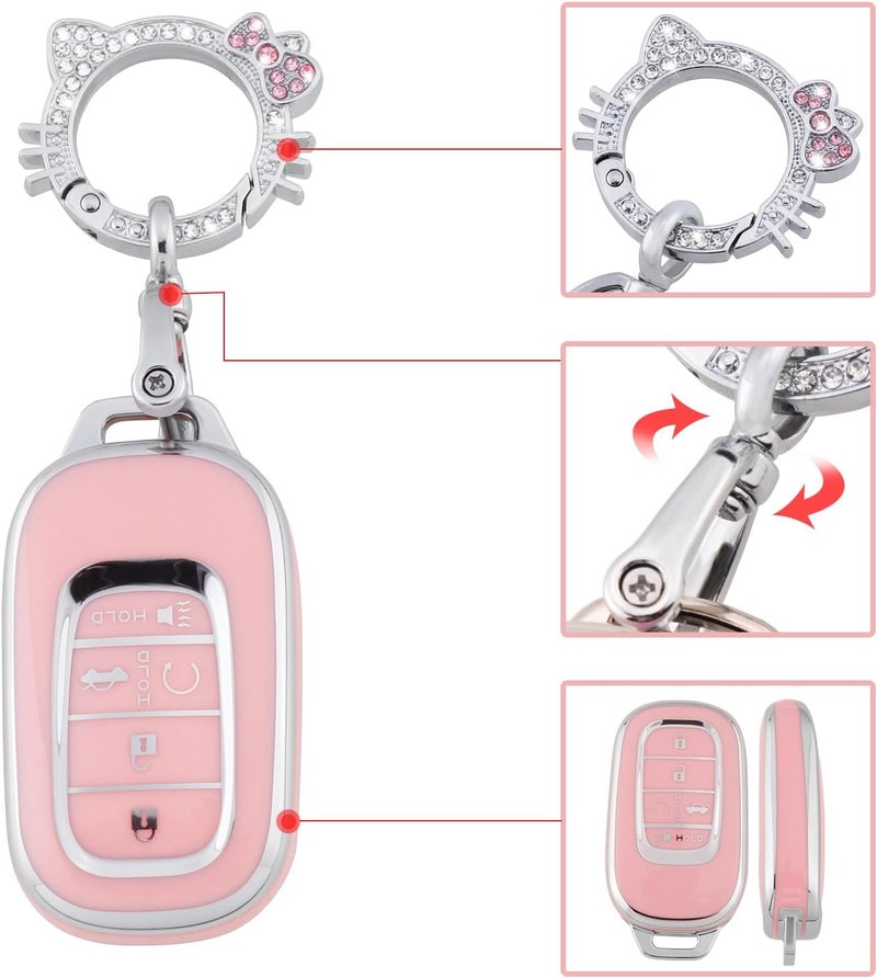 Pangpai Pink Key Fob Cover for Honda, Soft TPU Key Case Protection with Bling Keychain Fit for 2022 Honda Accord Civic CRV Pilot Odyssey 11th Gen Smart Key Holder - Image 4