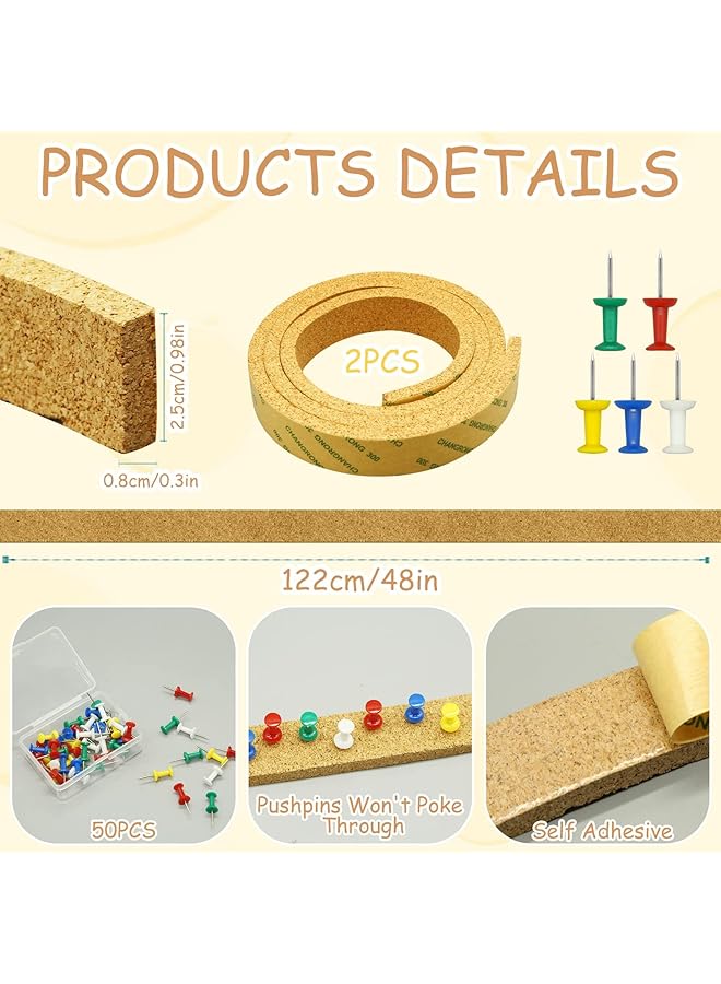 إيروريكس شرائط لوح الفلين بدون إطار، 2 لفافة من الفلين اللاصق ذاتيًا مع 50 دبوس ضغط، لوحة إشعار ذاتية اللصق، لوحة دبابيس، شرائط الفلين للجدران، غرف نوم المكتب، الديكور - Image 5