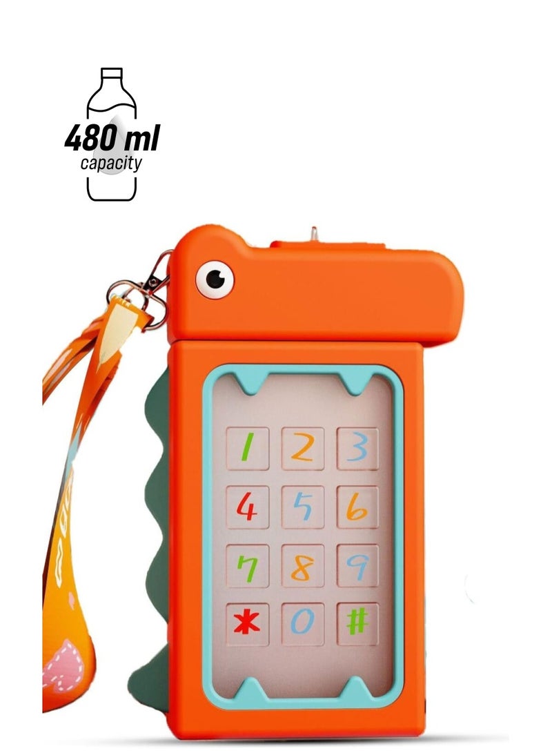 Twisoo Dino Design Water Bottle for Kids, Leak-Proof Tritan Bottle with Strap, BPA-Free, Non-Spill, 480ml, Orange - Image 1