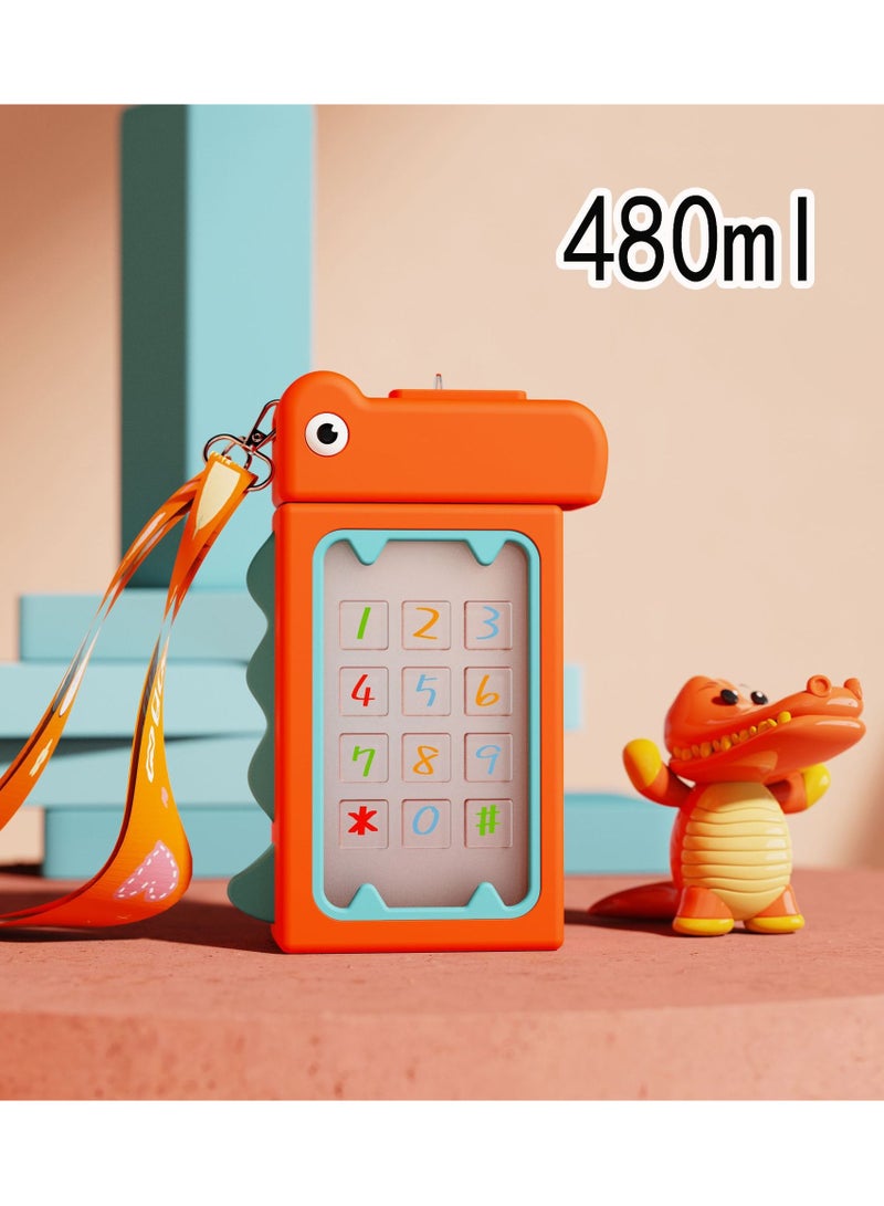 Twisoo Dino Design Water Bottle for Kids, Leak-Proof Tritan Bottle with Strap, BPA-Free, Non-Spill, 480ml, Orange - Image 3