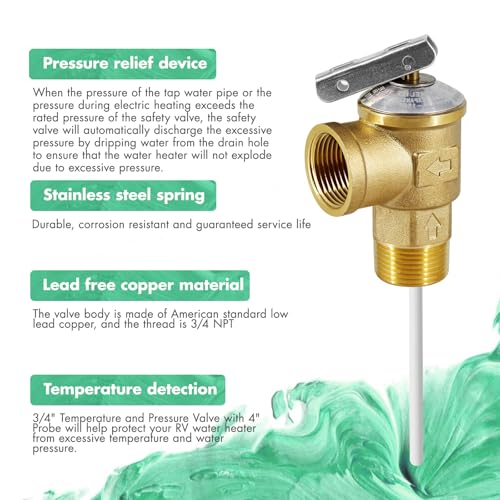 VAV Temperature Pressure Relief Valve, 3/4" NPT Female Thread, 150 PSI, 4" Temperature Probe, Lead-Free Copper, CSA LISTED - Image 5