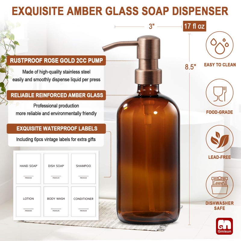 GMISUN Amber Glass Soap Dispenser, 2 Pack Bathroom Hand Soap Dispensers with Rose Gold Pump, 17 Fl Oz Kitchen Hand and Dish Soap Dispenser Set, Modern Vintage Liquid Brown Soap Dispensers Bottle - Image 3
