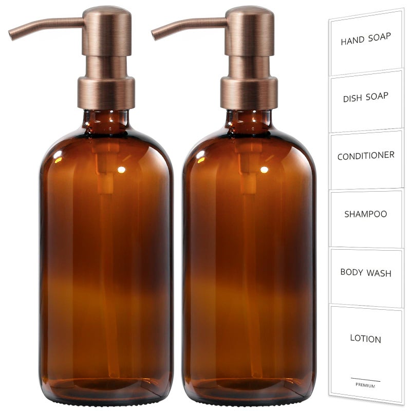 GMISUN Amber Glass Soap Dispenser, 2 Pack Bathroom Hand Soap Dispensers with Rose Gold Pump, 17 Fl Oz Kitchen Hand and Dish Soap Dispenser Set, Modern Vintage Liquid Brown Soap Dispensers Bottle - Image 1