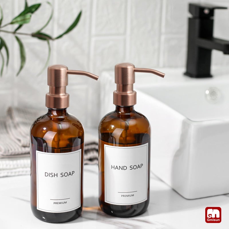 GMISUN Amber Glass Soap Dispenser, 2 Pack Bathroom Hand Soap Dispensers with Rose Gold Pump, 17 Fl Oz Kitchen Hand and Dish Soap Dispenser Set, Modern Vintage Liquid Brown Soap Dispensers Bottle - Image 4