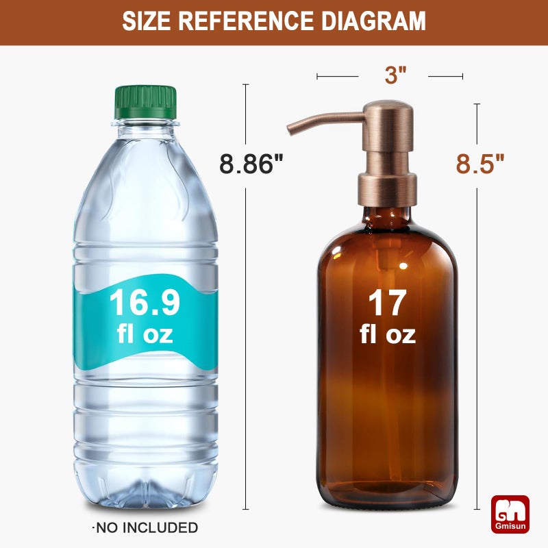GMISUN Amber Glass Soap Dispenser, 2 Pack Bathroom Hand Soap Dispensers with Rose Gold Pump, 17 Fl Oz Kitchen Hand and Dish Soap Dispenser Set, Modern Vintage Liquid Brown Soap Dispensers Bottle - Image 2