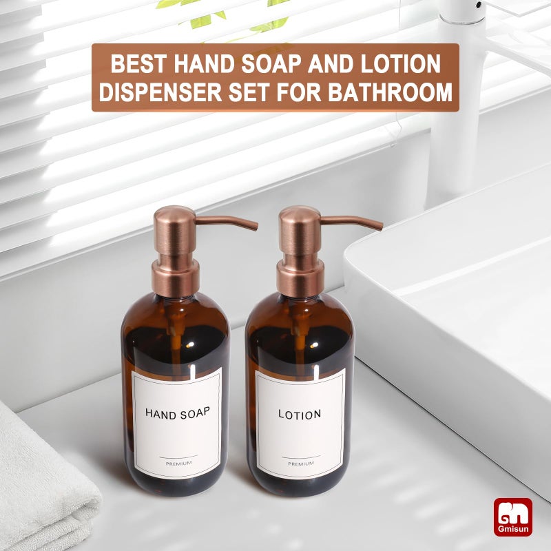 GMISUN Amber Glass Soap Dispenser, 2 Pack Bathroom Hand Soap Dispensers with Rose Gold Pump, 17 Fl Oz Kitchen Hand and Dish Soap Dispenser Set, Modern Vintage Liquid Brown Soap Dispensers Bottle - Image 5