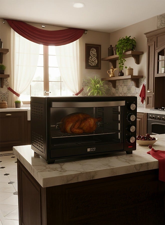 BACK COMFORT Electric Oven 60L – 2000W, 4 Control Knobs, Rotisserie + Convection, 100–250°C Temp Control, 60-Min Timer, Heat-Resistant Glass Door - Image 2