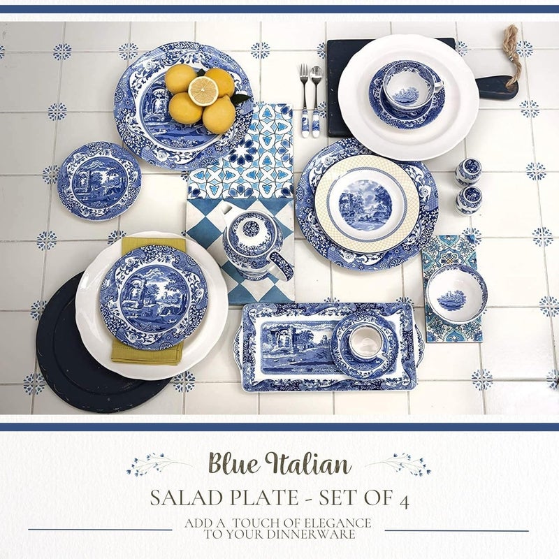 Spode Blue Italian Salad Plate, Set of 4-7.25” Fine Earthenware with Oriental Design, Dishwasher, Microwave, Freezer Safe, Classic Blue & White Dinnerware - Made in England - Image 2