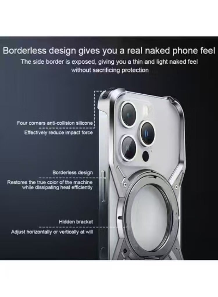 كابتن تيك غطاء هاتف من سبائك الألومنيوم لآيفون 15 Pro Max/15 Pro/15 Plus/15، بدون إطار، مع دعامة قابلة للطي ودوران 360 درجة - Image 2