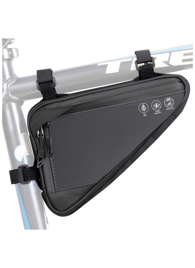 Cuken Bike Frame Storage Bag 2l, Water Resistant Reflective Bicycle Triangle Bag with Two Side Pockets, Strap-On Under Seat Tool, Accessories Pouch for Mountain Road Bike Trip (Black)  - Image 1