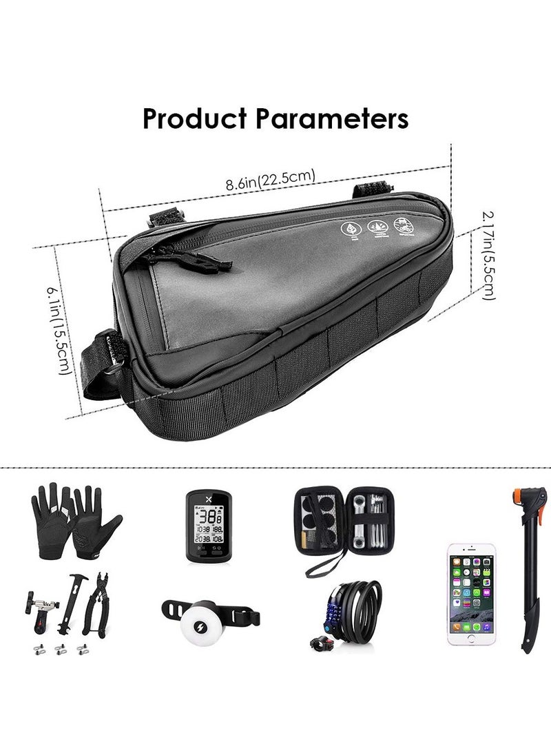Cuken Bike Frame Storage Bag 2l, Water Resistant Reflective Bicycle Triangle Bag with Two Side Pockets, Strap-On Under Seat Tool, Accessories Pouch for Mountain Road Bike Trip (Black)  - Image 2