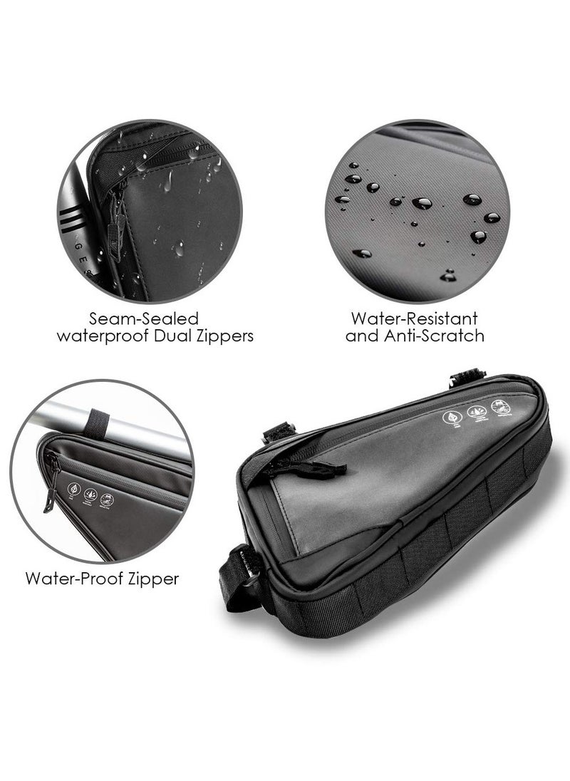 Cuken Bike Frame Storage Bag 2l, Water Resistant Reflective Bicycle Triangle Bag with Two Side Pockets, Strap-On Under Seat Tool, Accessories Pouch for Mountain Road Bike Trip (Black)  - Image 3
